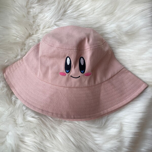 Pink Kirby Embroidered Bucket Hat | Nintendo | Cute Christmas or Birthday Gift Ideas | Fun Summer Sun Protection | Trendy