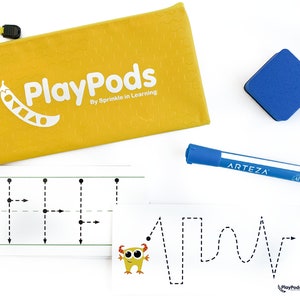 May include: A yellow zippered pouch with the text "PlayPods By Sprinkle in Learning" and a green pea pod graphic. A blue dry erase marker, a blue eraser, and two white cards with black lines and dots for tracing are also shown.