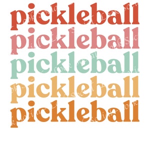 May include: Five stacked words, "pickleball", in different colors. The colors are red, pink, light blue, yellow, and orange. The words are stacked on top of each other, with the red word at the top and the orange word at the bottom.