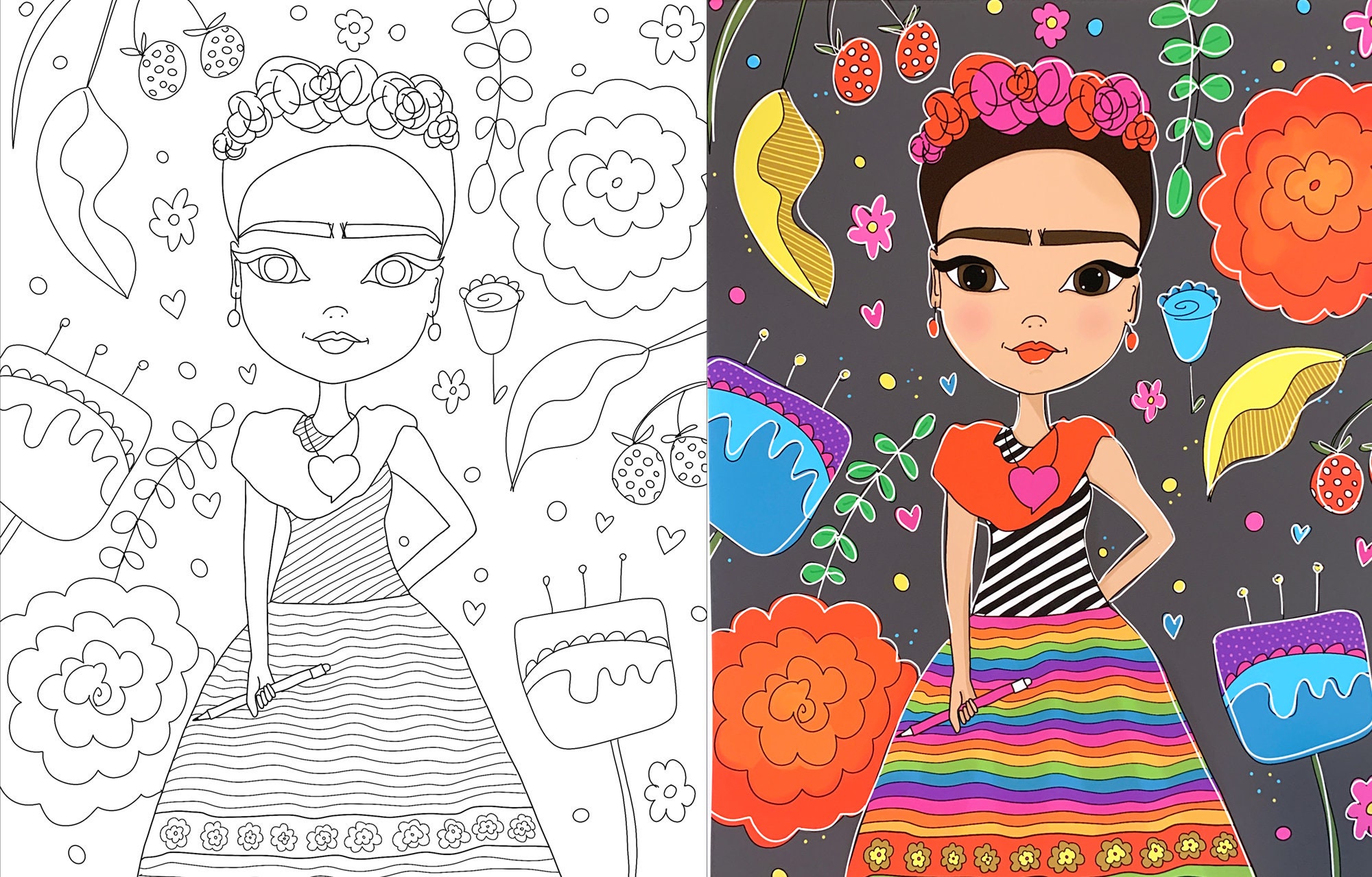 Dibujo digital para colorear con la linda Frida Kahlo para - Etsy México