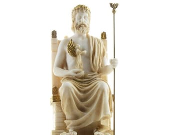 Zeus Statue, Greek God Jupiter on Throne, Gold Tone Alabaster