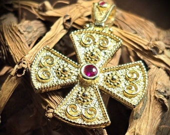 Gold-Plated Silver Byzantine Cross Pendant, Zirconia Gemstone, Handmade in Greece