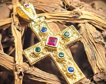 Silver gold plated cross, Gold byzantine pendant, Cross necklace