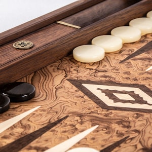 Backgammon, Walnut Burl, Greek Tavli with side racks, Deluxe collection, Large size, Mother of pearl checkers
