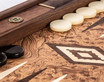 Backgammon, Walnut Burl, Greek Tavli with side racks, Deluxe collection, Large size, Mother of pearl checkers