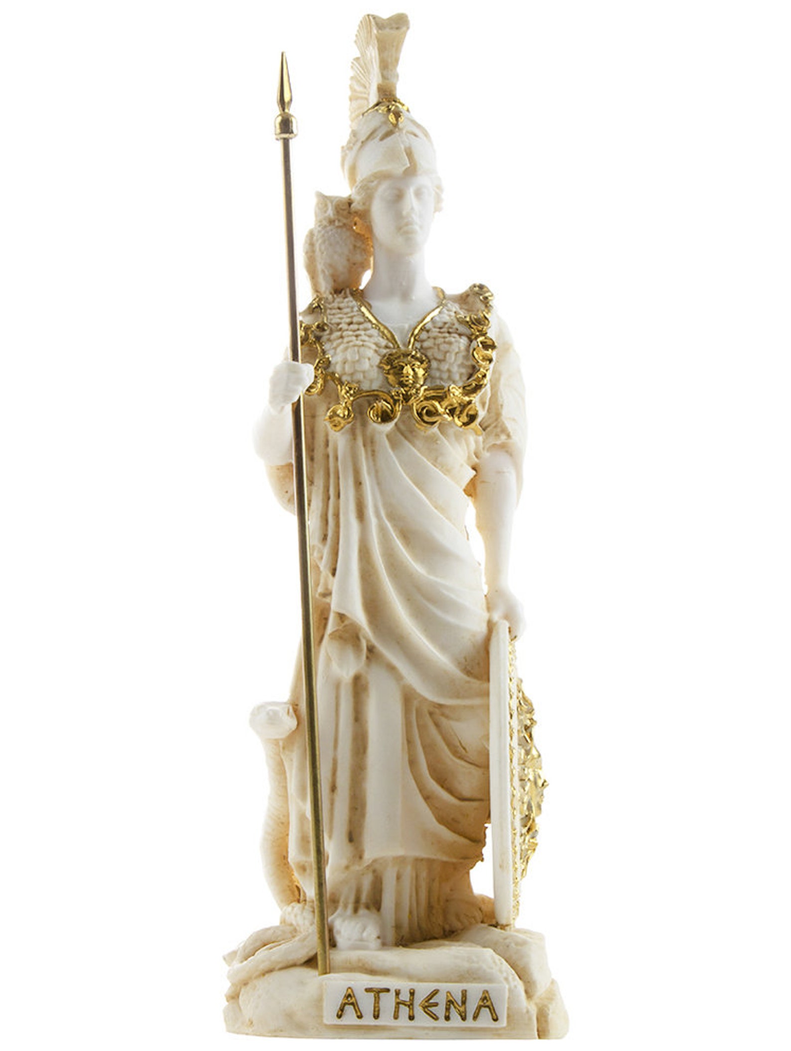 Statue D'Athéna En Albâtre Avec Hibou Et Bouclier De Méduse Doré – 27 Cm – Déesse Grecque De La Sagesse - 5