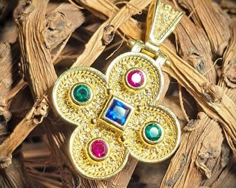 Gold-Plated Byzantine Cross Pendant, 925 Silver, Gemstone Necklace