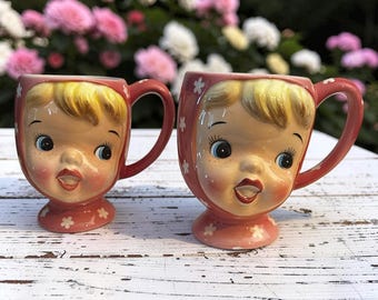 Vintage Napcoware Miss Cutie Pie Mugs Set of 2 Pink Girl Face Cups Japan A3511P Kitschy Anthropomorphic Teacups Retro Collectible