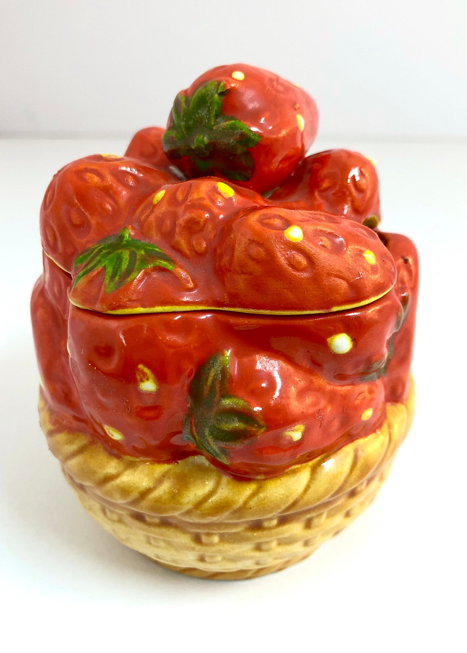 A sweet vintage strawberry ceramic sugar bowl. Could Etsy
