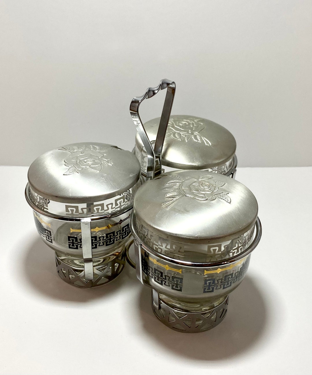 LIBBY Triple Vintage Condiment Caddy. Retro Kitchen Accessory. Black