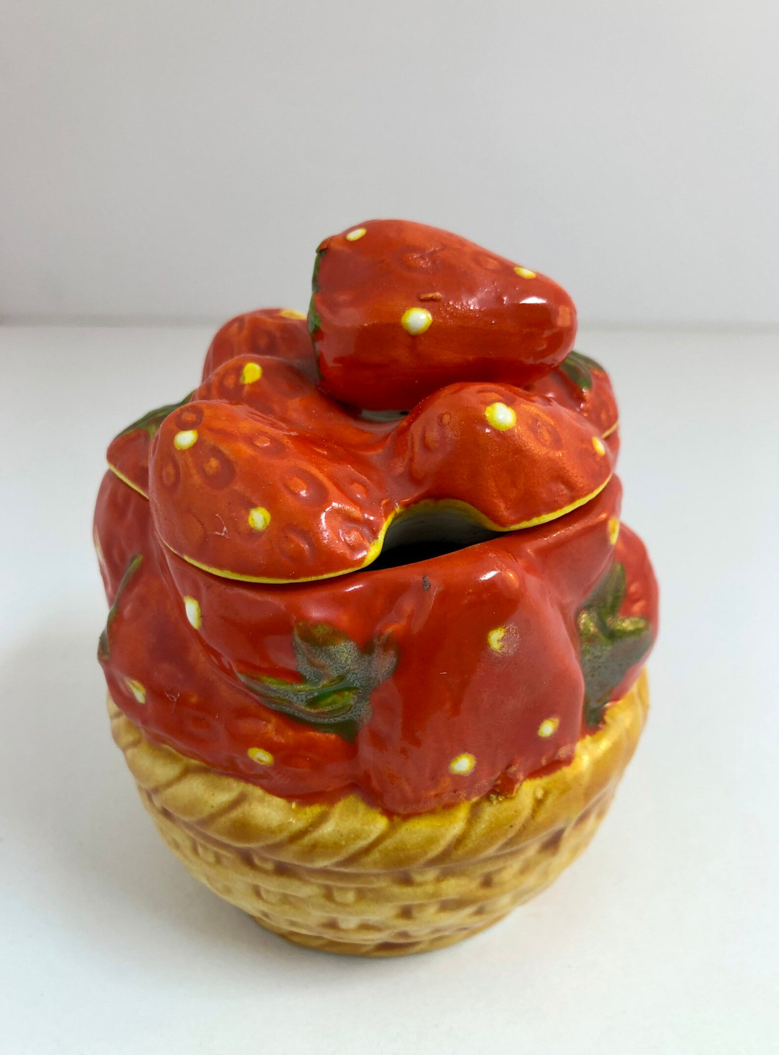 A sweet vintage strawberry ceramic sugar bowl. Could Etsy