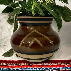 May include: A brown ceramic vase with a glossy finish, featuring a geometric design. The vase has black and tan bands around the rim and base. Green leafy plant stems emerge from the top, creating a decorative display.