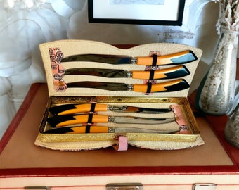 Vintage SteakMaster deluxe serrated stainless steel steak knife set in original case. Bakelite handles. Retro kitchen accessory.