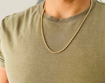 Cadena de cuerda dorada, cadena de oro trenzada, collar de cadena de cuerda chapado en oro de 18k, cadena gruesa para hombre, cadena trenzada, regalo para él