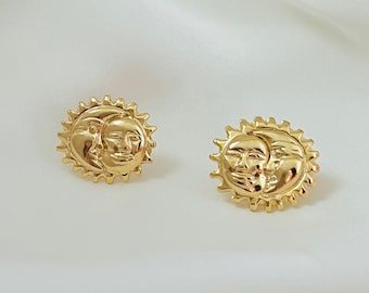 Sun Earrings, Sun and Moon Earrings, Sunburst Earrings, 18k Gold Filled Sun Studs, Gold Stud Earrings, Celestial Earrings