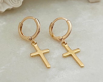 Cross Hoop Earrings, Gold Cross Huggie Hoops, Gold Filled Tiny Cross Earrings, Cross Charm Hoop Earrings, Religious Jewelry