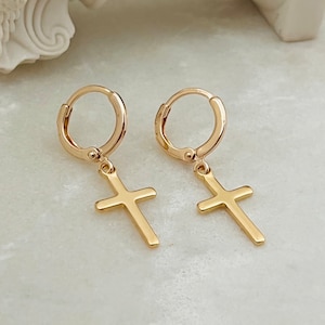 Cross Hoop Earrings, Gold Cross Huggie Hoops, Gold Filled Tiny Cross Earrings, Cross Charm Hoop Earrings, Religious Jewelry