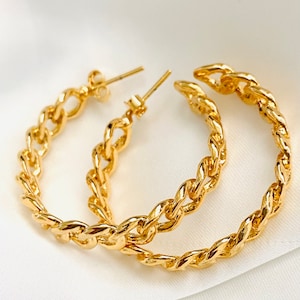 18k Gold Filled Curb Link Hoops, Cuban Chain Hoops, Gold Link Hoops, Cuban Link Hoops, Gold Curb Chain Hoop Earrings, Chunky Chain Hoops