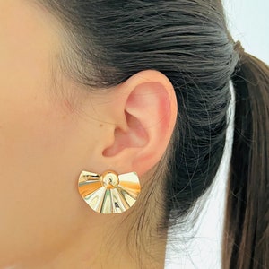 Gold Fan Shaped Earrings, Geometric Stud Earrings, Semicircle Earrings, Gold Filled Drop Studs, Hammered Abstract Earrings