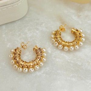 Pearl Hoop Earrings, Small Gold Hoops, Pearl Stud Earrings, Gold Filled Spiral Earrings, Beaded Hoop Earrings, Bridal Gift