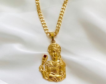 Santa Barbara Chain Necklace, 18k Gold Filled Saint Barbara Necklace, Gold Cuban Link Chain, Mens Saint Necklace, Religious Catholic Jewelry