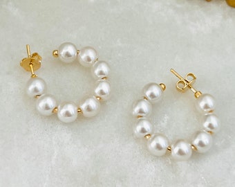 Pearl Hoops, Pearl Bead Hoop Earrings, 18k Gold Filled Hoops, Delicate Thin Hoops, Medium Size Hoops, Gold Stud Hoops, Minimalist Hoops