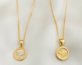 Dove Coin Necklace, Holy Spirit Necklace, 18k Gold Filled Dove Charm Necklace, Dainty Gold Coin Necklace, Catholic Necklace