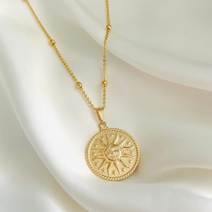 Sun Face Necklace, 18k Gold Filled Sun Coin Necklace, Gold Sun Charm Necklace, Radiant Sun Necklace, Sunshine Necklace, Celestial Jewelry
