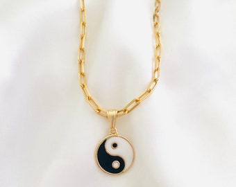 Yin Yang Necklace, Paperclip Link Necklace, Enamel Charm Necklace, 18k Gold Filled Charm Necklace, Yin Yang Jewelry, Friendship Necklace