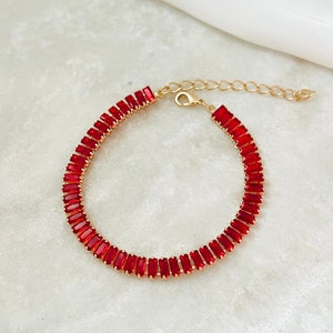Tennis Bracelet, Crystal Bracelet, Baguette Bracelet, Red CZ Bracelet, July Birthstone Bracelet, Gold Filled Bracelet, Gemstone Bracelet