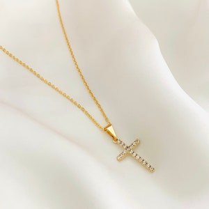 Gold Cross Necklace, Small Cubic Zirconia Cross Necklace, Dainty 18k Gold Filled Cross Charm Necklace, Religious Jewelry, Catholic Gift