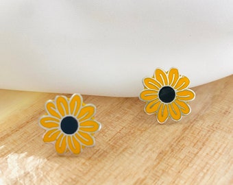 Sunflower Stud Earrings, Yellow Sunflowers Studs, 925 Silver Flower Earrings, Flower Studs, Sunflower Jewelry, Summer Jewelry