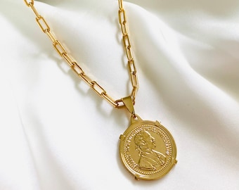 18k Gold Filled Paperclip Coin Necklace, Coin Necklace, Gold Layering Paperclip Chain, Link Chain Necklace, Paperclip Pendant Necklace