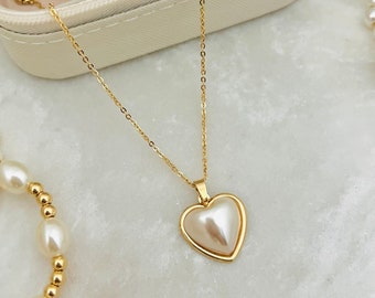 Heart Pearl Necklace, Pearl Necklace, 18k Gold Filled Heart Necklace, Pearl Jewelry, Heart Jewelry, Gift for Grandma, Anniversary Gift