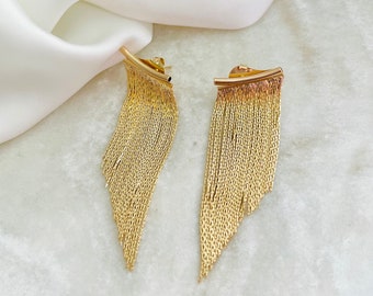 Gold Fringe Earrings, Long Tassel Earrings, 18k Gold Filled Dangle Earrings, Ear Jacket Earrings, Angel Hair Drop Earrings