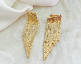 Gold Fringe Earrings, Long Tassel Earrings, 18k Gold Filled Dangle Earrings, Ear Jacket Earrings, Angel Hair Drop Earrings