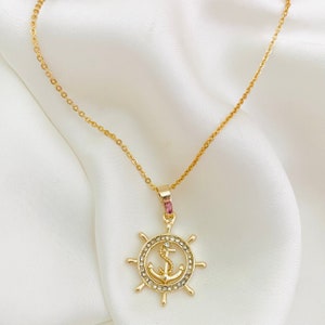 18k Gold Filled Boat Steering Wheel Necklace, Gold Anchor Necklace, Nautical Jewelry, Cubic Zirconia Charm Necklace, Ocean Sea Life Necklace