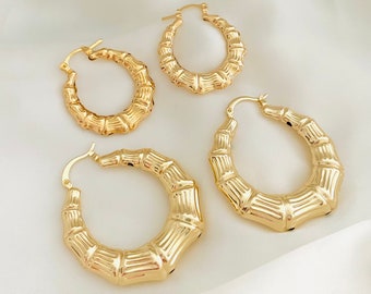 Gold Bamboo Hoop Earrings, 18k Gold Filled Bamboo Hoops, Chunky Bamboo Statement Hoops, Small Thin Bamboo Hoops, Medium Thick Bamboo Hoops