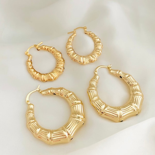 Gold Bamboo Hoop Earrings, 18k Gold Filled Bamboo Hoops, Chunky Bamboo Statement Hoops, Small Thin Bamboo Hoops, Medium Thick Bamboo Hoops