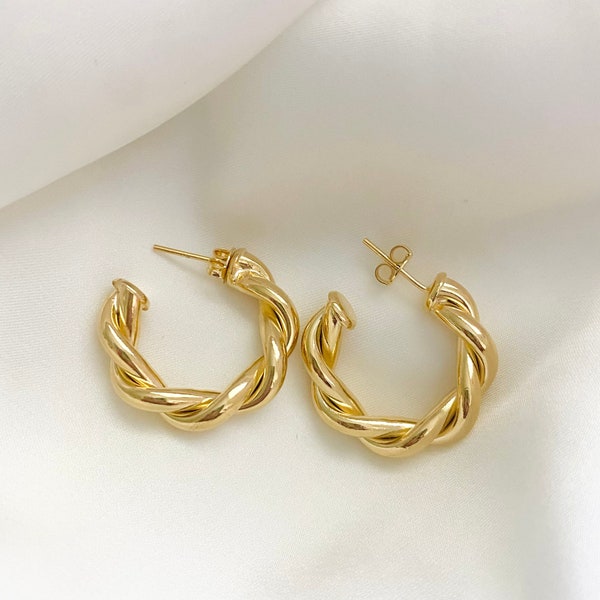 Gold Twisted Hoops, Small Rope Hoops, 18k Gold Filled Chunky Hoop Earrings, Thick Open Hoops, Twist Hoops, Minimalist Gold Hoop Earrings