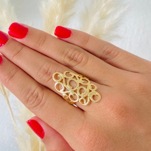 Swirl Ring, Spiral Ring, Elongated Ring, Filigree Ring, Gold Plated Tribal Ring, Designed Ring, Bohemian Statement Ring
