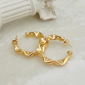 Twisted Gold Earrings, Rope Hoop Earrings, 18k Gold Filled Hoops, Thin Open Back Hoops, Dented Stud Hoops, Minimalist Hoops