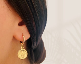 Holy Spirit Earrings, Dove Coin Earrings, 18k Gold Filled Dove Charm Hoop Earrings,  Gold Coin Earrings, Catholic Necklace