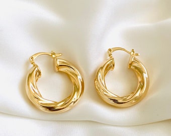 Twisted Chunky Hoop Earrings, 18k Gold Filled Thick Hoops, Twisted Gold Hoop Earrings, Chunky Gold Medium Hoops, Thick Small Gold Hoops