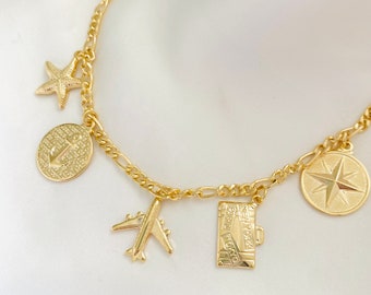 Travel Charm Bracelet, 18k Gold Filled Charm Bracelet, World Travel Bracelet, Traveler Bracelet, Tourist Bracelet, Flight Attendant Jewelry