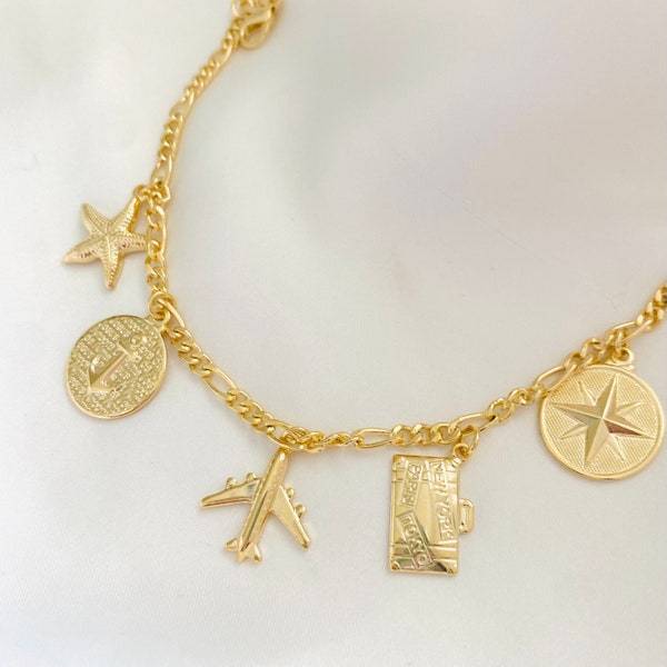 Travel Charm Bracelet, 18k Gold Filled Charm Bracelet, World Travel Bracelet, Traveler Bracelet, Tourist Bracelet, Flight Attendant Jewelry