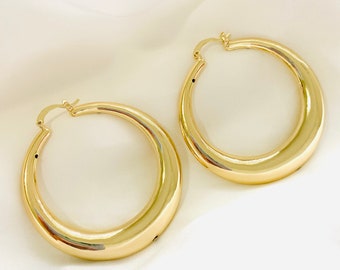 18k Gold Filled Crescent Hoop Earrings, Large Chunky Hoops, Thick Hoop Earrings, Vintage Gold Hoops, Simple Bold Hoops, Gold Hollow Hoops,