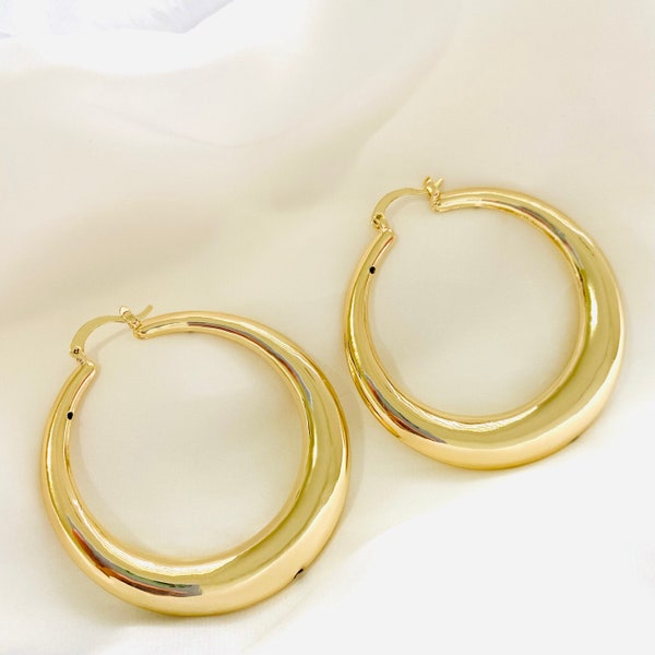 18k Gold Filled Crescent Hoop Earrings, Large Chunky Hoops, Thick Hoop Earrings, Vintage Gold Hoops, Simple Bold Hoops, Gold Hollow Hoops,