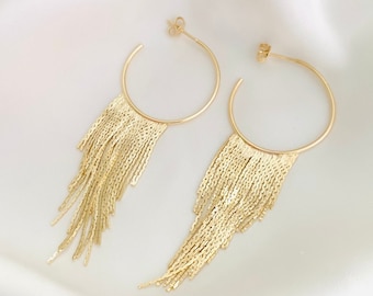 Gold Fringe Earrings, Hoop Fringe Stud Earrings, Long Tassel Earrings, 18k Gold Filled Dangle Earrings,  Elegant Statement Earrings