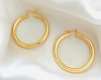 May include: A pair of gold hoop earrings. The hoops are thick and have a smooth finish.